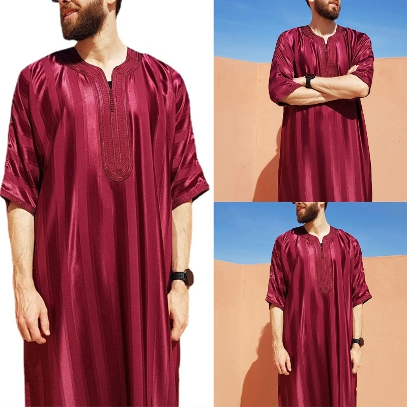 Mens Manga Longa Kaftan Árabe Robe Stand Collar Muçulmano Robe Tripulação Pescoço Robe Árabe Robe Islâmico Roupas Étnicas Muçulmanas Robe