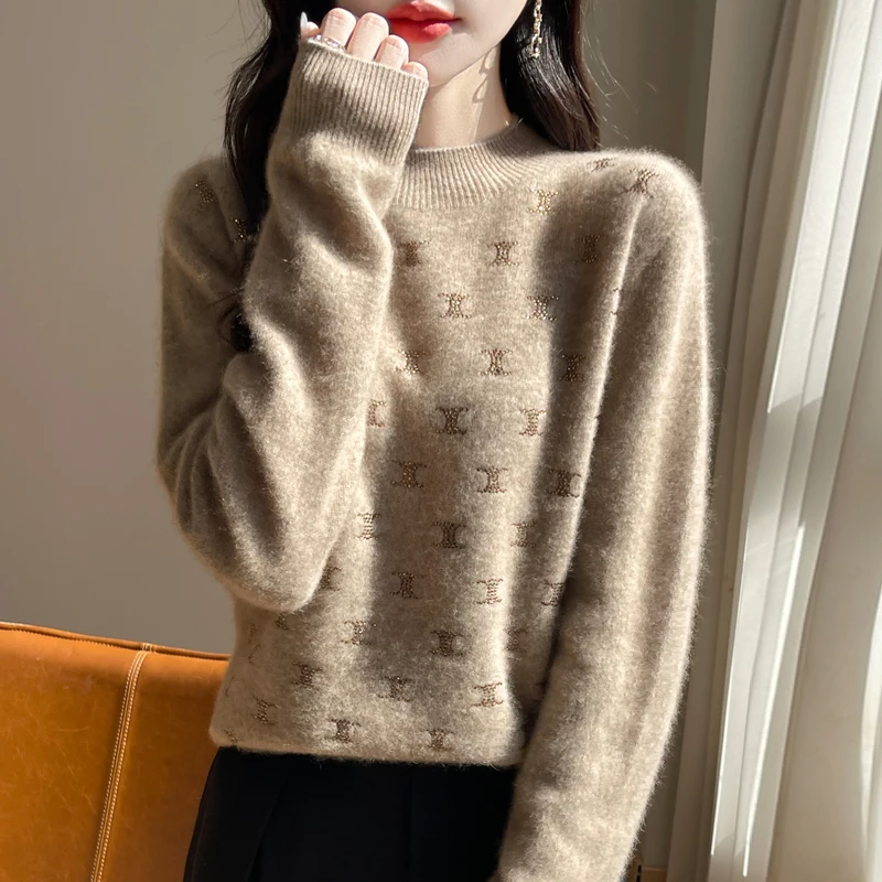 2024 Women's Autumn/Winter New Cashmere Hoodie Half Height Tie Diamond Letter Hoodie Warm High Quality Casual100% Australianwool