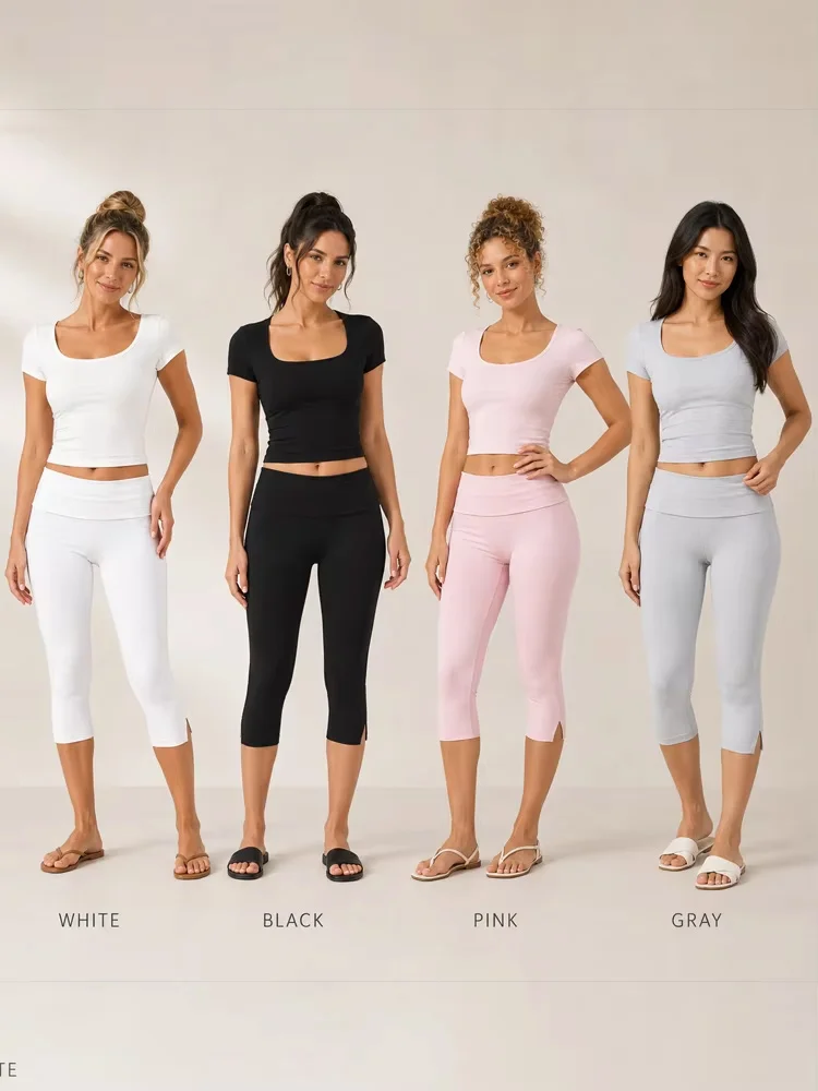 Low-Waisted Minimalist Tight Pants for Women, Solid Color Folding Waistband, Cropped Pants, Casual Summer Street Wear, yoga Pant