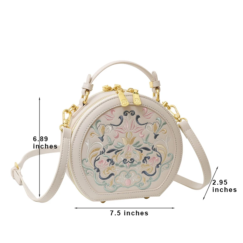 2023 National Embroidered PU Leather Small Handbag Round Shape Women Shoulder Bag Fashion Designer Purses Cross Body Bags