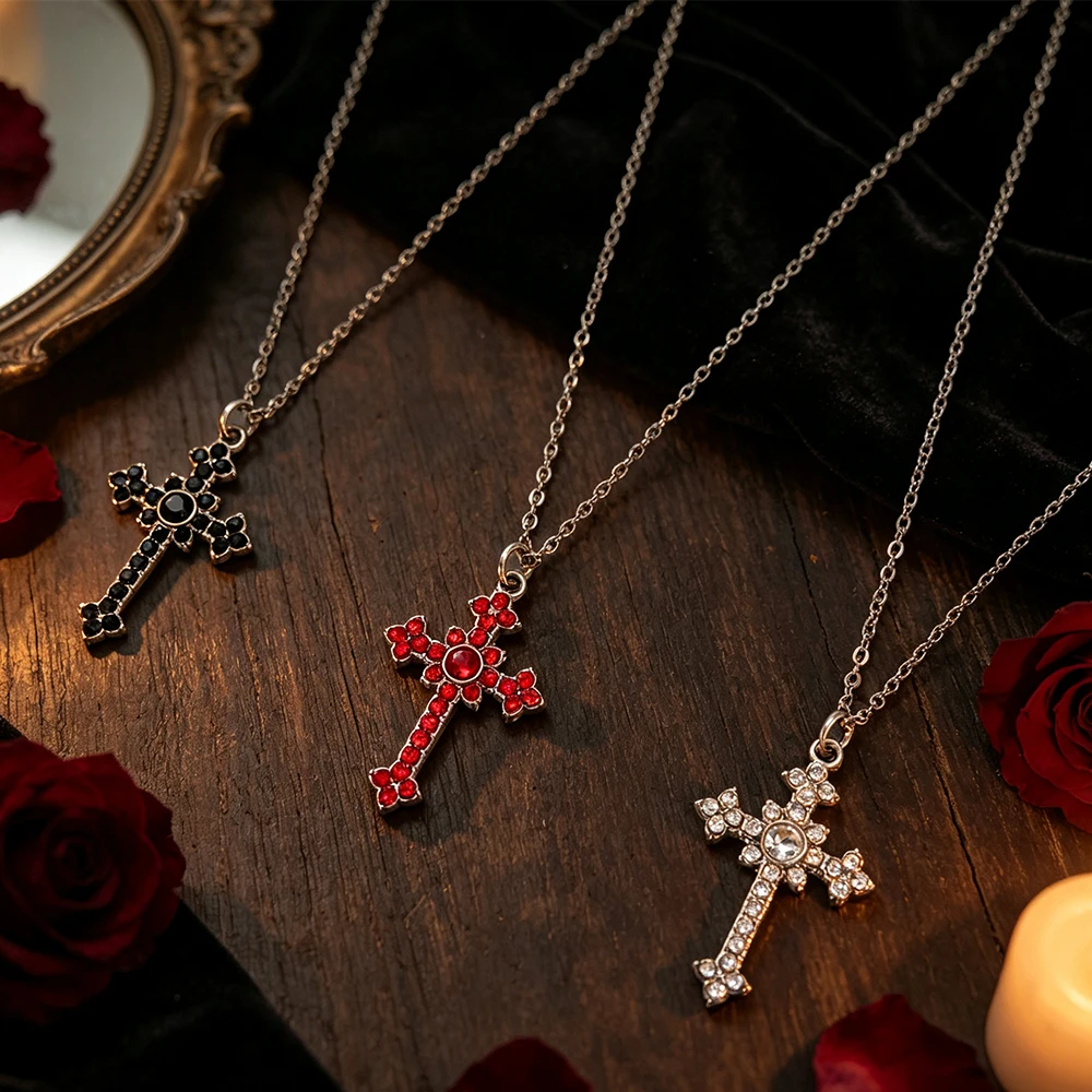 Vintage Full-Diamond Cross Pendant Necklace Gothic Style Black, Red, White Multi-Colored Diamond Inlay Unisex Long Clavicle Chain