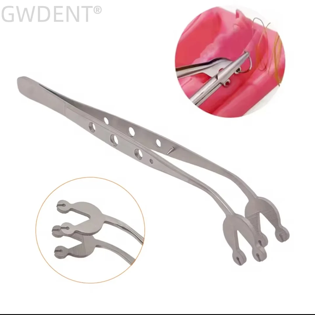 Stainless Steel Dental Surgical Suture Tweezers with Double-Hole Corn Tip for Precision Operation Stitching
