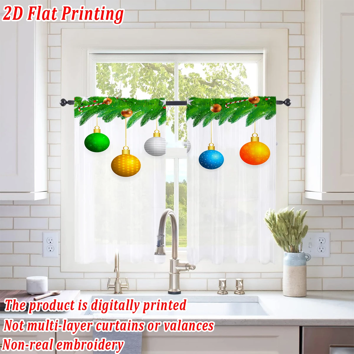 Christmas Flat Printing Kitchen Sheer Curtain with Merry Christmas Ball Pine Branch For Christmas Home Decor  Party