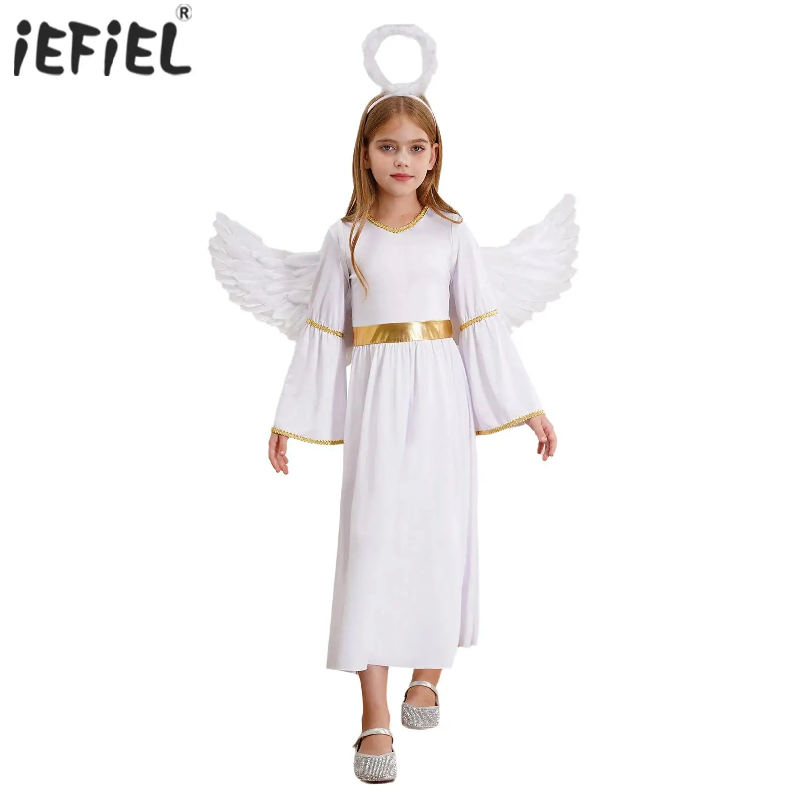 

Kids Girls Angel Costume Bell Sleeve Maxi Ball Gowns Angel Dress with Wings Headband Set for Halloween Themed Party Dress Up