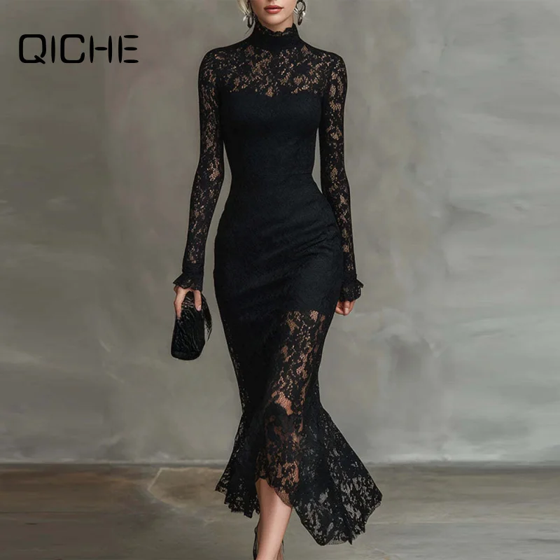 QICHE 2026 Fall Winter New Women Luxury Elegant Banquet Long Sleeve Maxi Dress, High Waist Slim Bodycon Gown