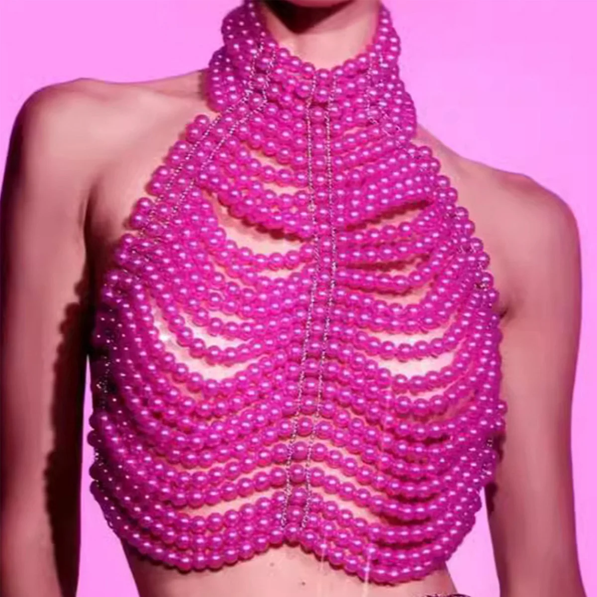 

​Sassy Fuchsia Beaded Halter Delight​ Pearl Body Chain Top