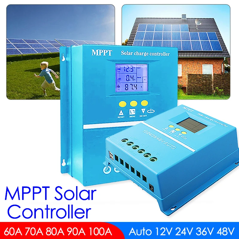 MPPT Solar Controller 60A 70A 80A 90A 100A Auto 12V 24V 36V 48V Solar Cell Panel LCD Solar Regulator Dual USB Port