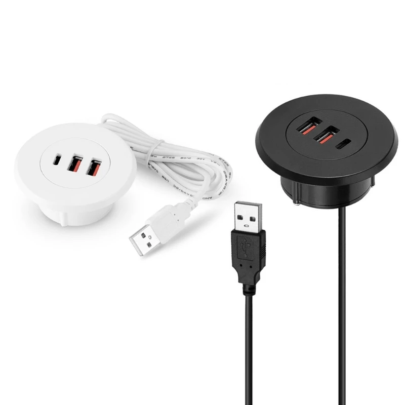 Office Desk Embedded USB Round Hole Two USB Type C Hub Multipurpose Dropship