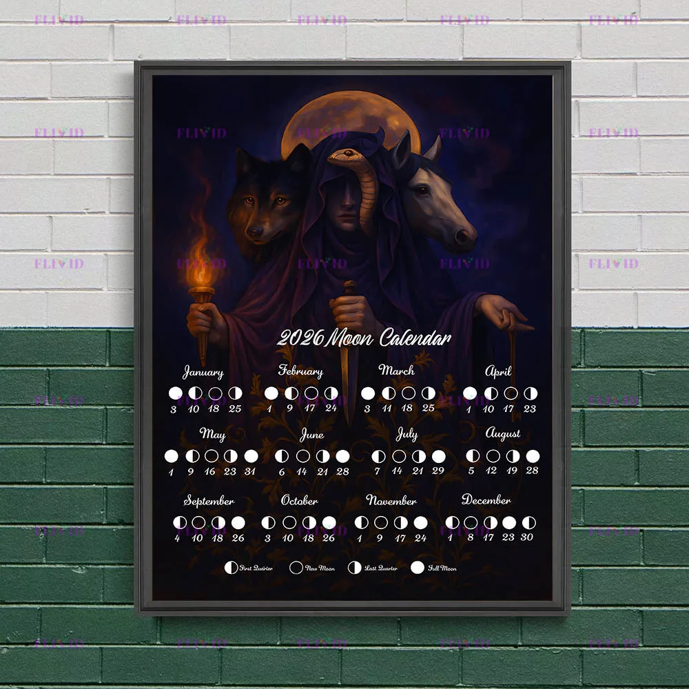 2026 Hecate Triple Goddess Moon Calendar Poster Print, Pagan Occult Lunar Tracker Canvas Print,Gothic Home Wall Art Decor