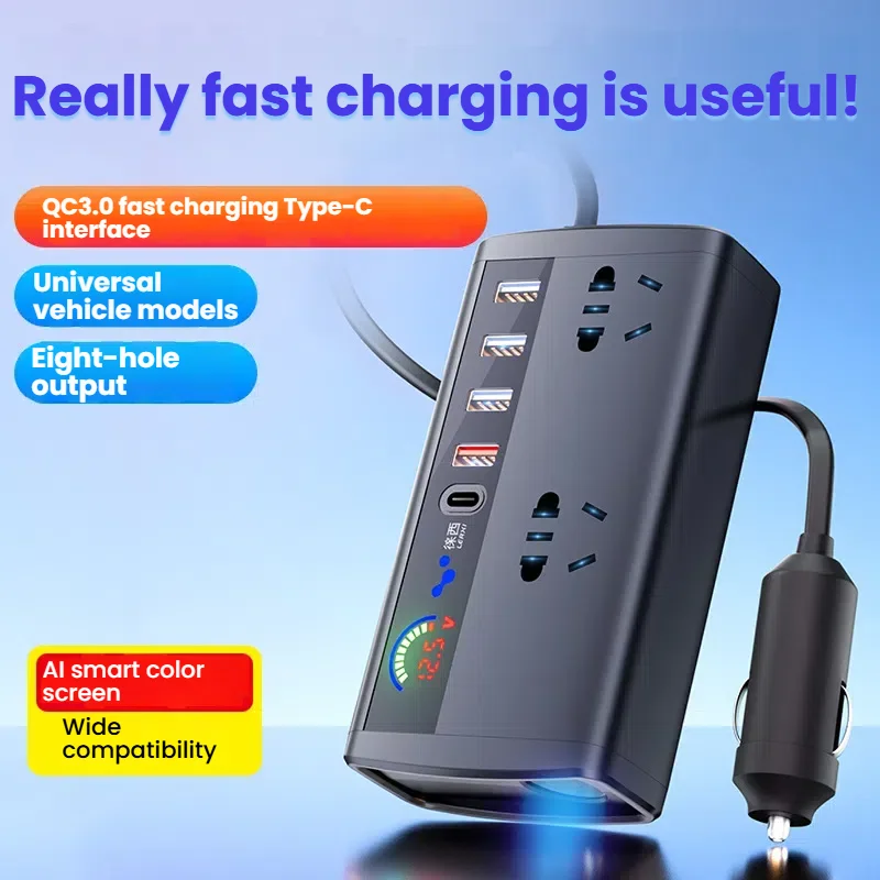 Inversor/convertidor de corriente para coche, 12V/24V a 220V, puerto de encendedor de cigarrillos, cargador de teléfono rápido, toma de corriente de alta potencia