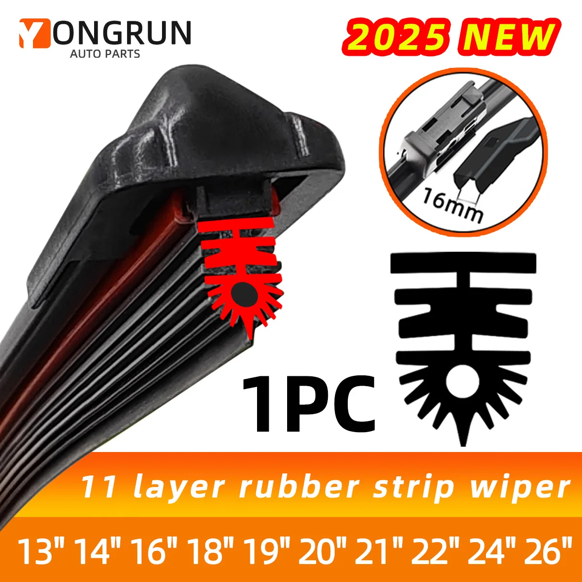 YONGRUN 1PC 11 Schicht Gummi Auto Scheibenwischer Geeignet Für 16mm Schnittstelle 13 "14" 16 "18" 19 "20" 21 "22" 24 "26" Auto Wischer Klingen