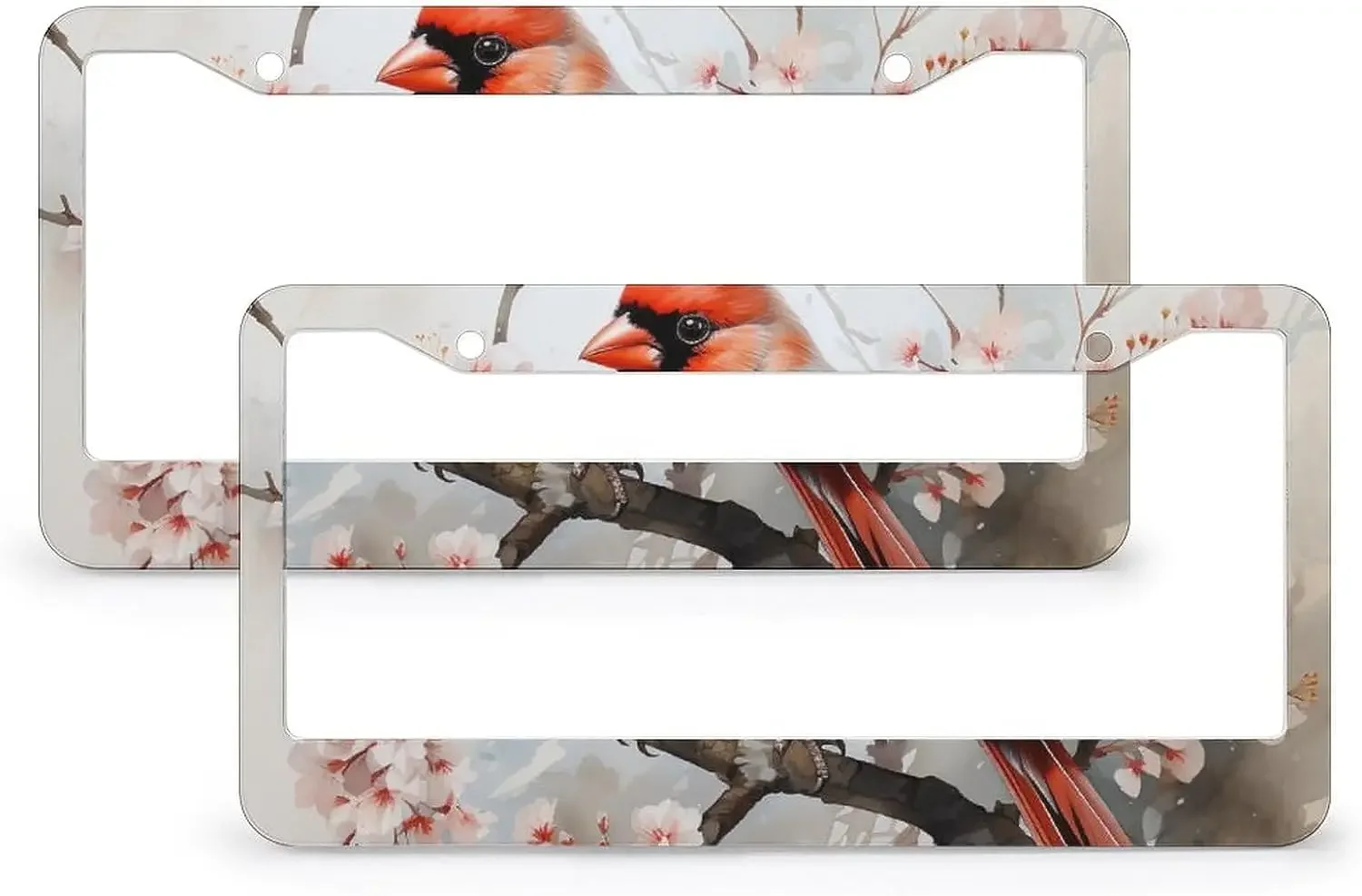 Watercolor Oil Painting Red Bird Sitting on The Branch License Plate Frame 2 PCS Watercolor Animals License Plate Frame for US