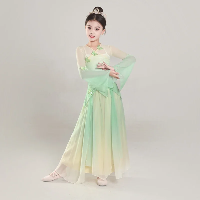 Children' Chinese Hanfu Classical Dance Dress Body Rhyme Practice Dress Girls' Ethnic Dance Fan Dance Gradient Performance Dress