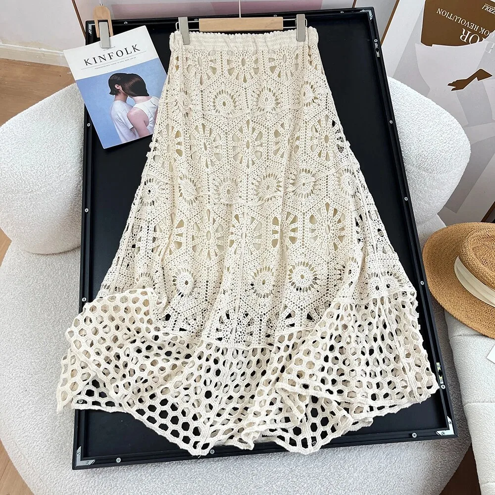 Bohemian Crochet Maxi Skirt Hollow Out Open-Knit Lace Skirt Summer Boho Beach Long Dress Women Resort Wear