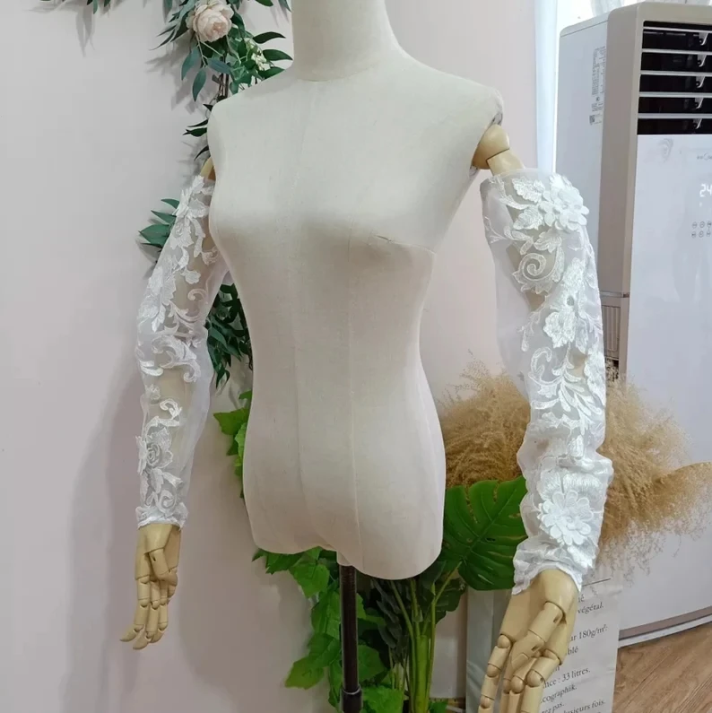 Removível nupcial puff mangas destacadas apliqué floral 3/4 mangas de renda branco elegante encantador casamento nupcial acessórios luva