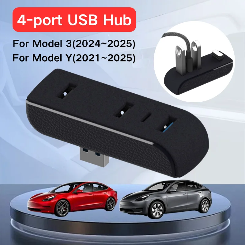 Upgrade 4-Port USB Hub Extender Charger Data Sync Splitter USB & Type-C for Tesla Model 3 2024–2025 Y 2021–2025 Glove Box Dock