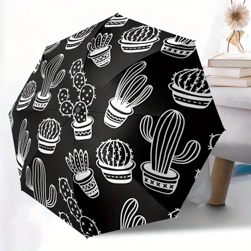

1pc Automatic Open/Close Umbrella with Cactus Pattern - Black & White Desert Decor, 8-Rib Sturdy Canopy, Compact Folding Umbre