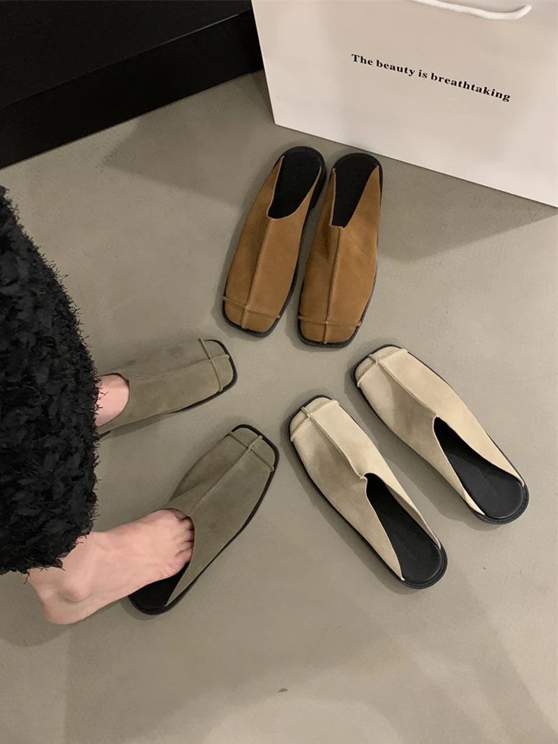 Fashion Slip on Mules Flat Slippers 2024 Summer New Brand Women Flat Casual Outdoor Square Toe Shoes Ladies Slippers