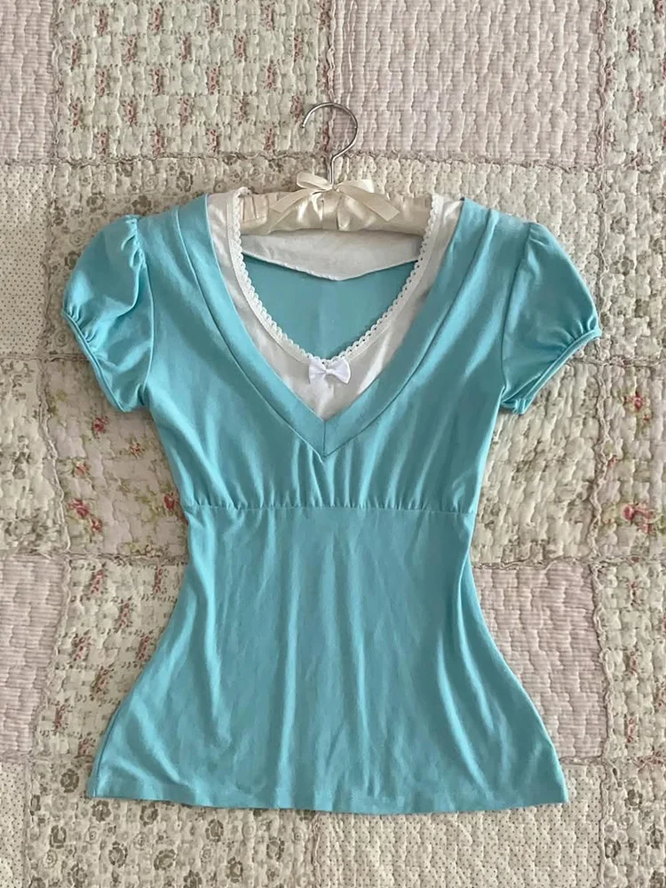 

Slimming Blue T-irt Original Retro Girl Feel Casual Sle ort Sve Polyester Cotton Blend Summer Faion Women's Top