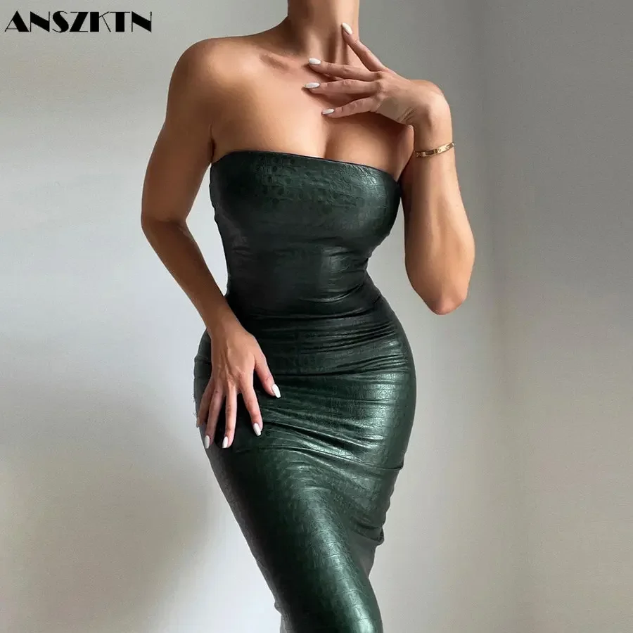 ANSZKTN Vestido casual sexy de peito plissado de couro apertado feminino de verão