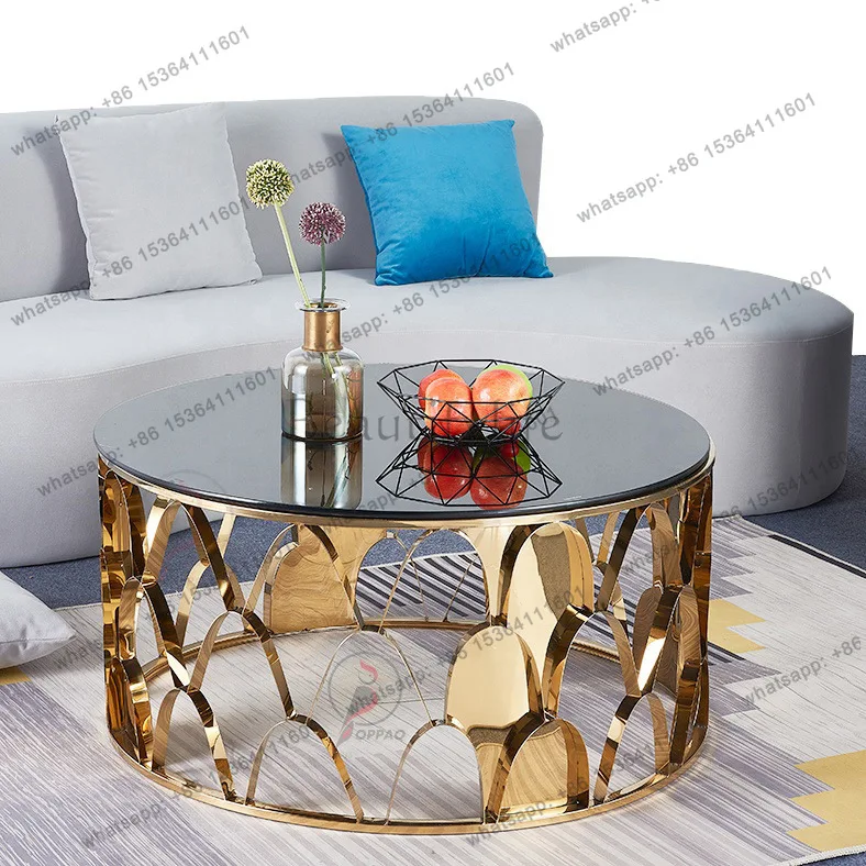 Nordic light luxury fish scale round glass coffee table stainless steel marble tea table