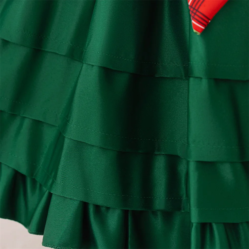 Girls Big Bow Christmas Carnival Party Dress Kids Vintage Green Santa Claus Gift For Girl Young Red Lattice Princess New Gown