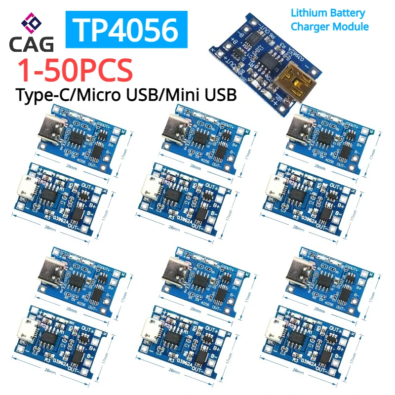 1-50PCS TP4056 18650 Lithium Battery Charger Module Type-C/Micro/Mini USB 5V 1A Charging Board With Protection Dual Functions 1A