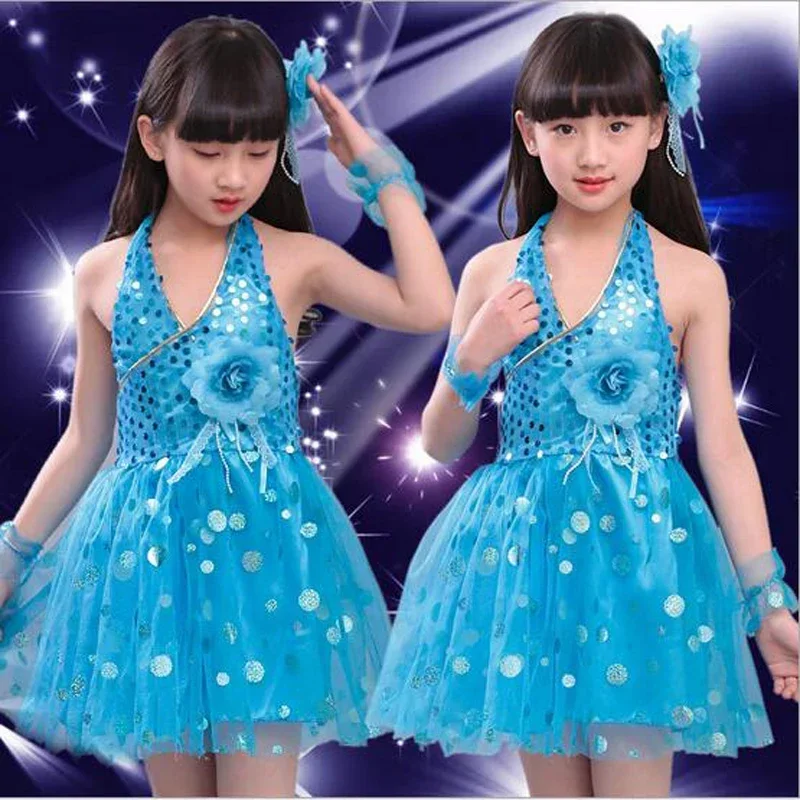 Vestido latino lantejoulas para meninas, Tutu Veil Dancewear, roupas modernas para performance de palco infantil, vestidos de dança do grupo escolar