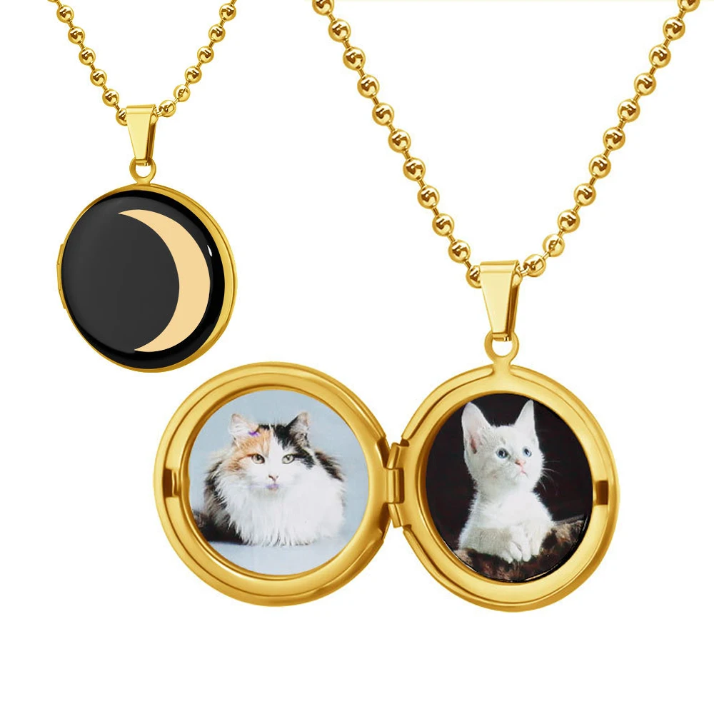 

Gold Moon Round Locket Custom Photo Necklace Bead Chain Personalized Women Jewelry Stainless Steel Picture Memorial Family Gift