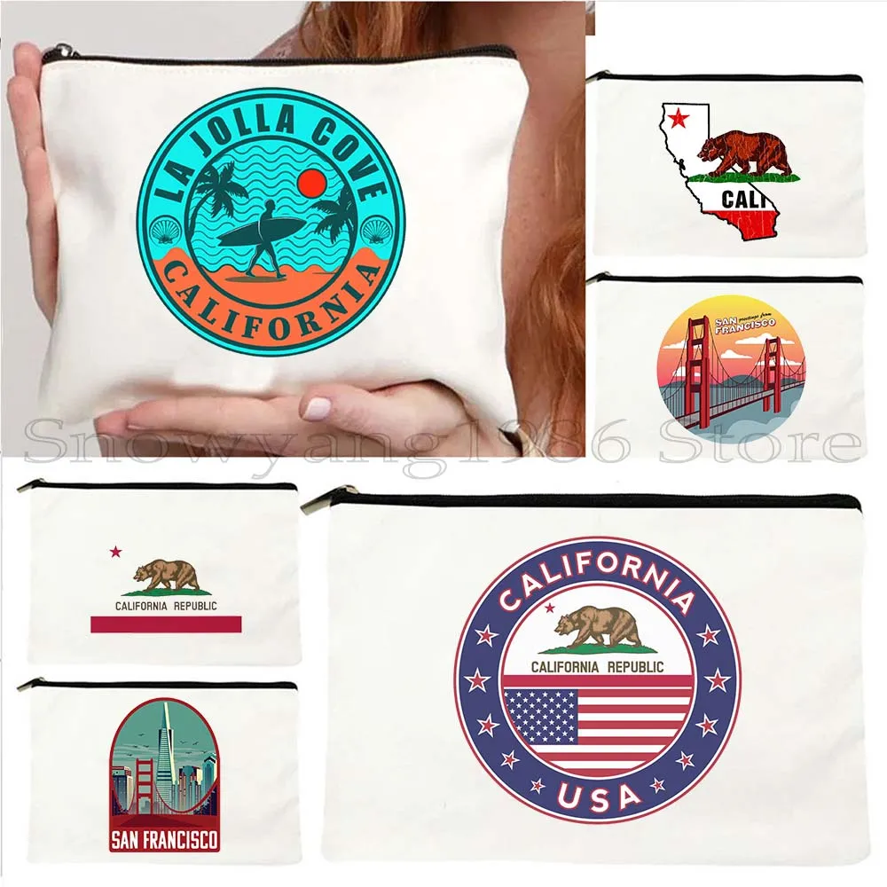 

San Francisco California State USA Bear Flag Golden Gate Bridge San Diego Poppy Cosmetic Bag Makeup Lipstick Pouch Pencil Case