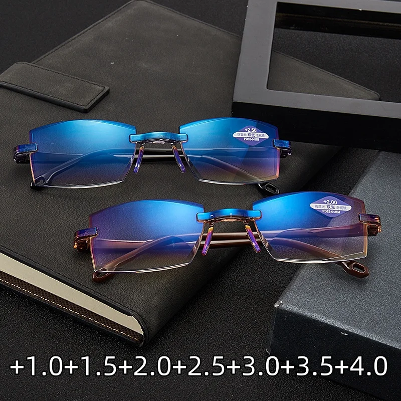 

New Frameless Diamond Cut Edge Fashion Reading Glasses Anti Blue Light Men's Presbyopia Glasses Square Men Business Eyewear