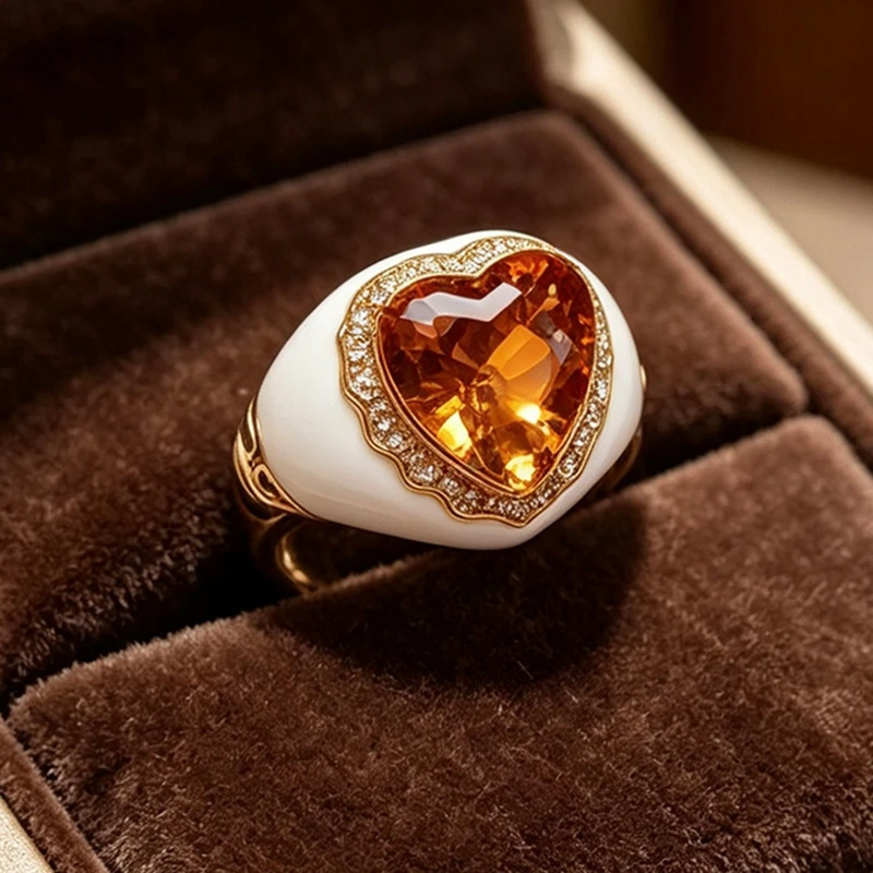 KQDANCE Cubic Zircon 925 Sterling Silver White Enamel Heart Shaped Natural Citrine Ring Wedding Party Jewelry Gift Accessories