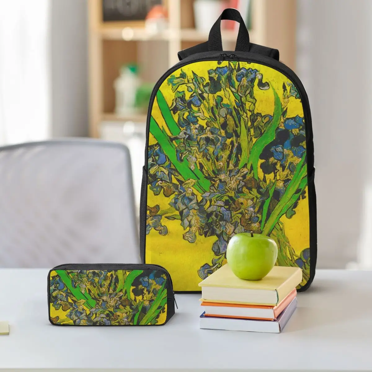 Vincent Van Gogh Irises Art Flowers Backpack BookBag School Bag Laptop Shoulder Bags 3ps Insulated Lunch Bag Pencil Case