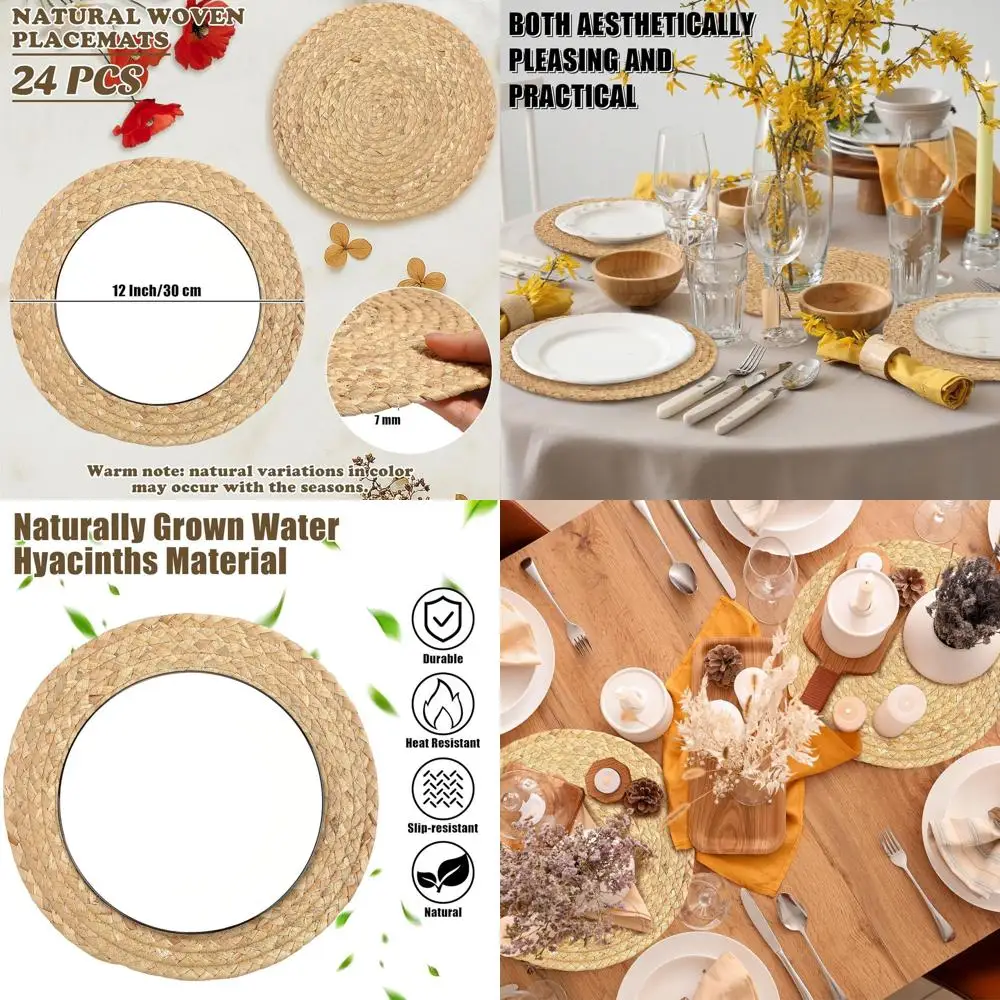 

Bohemian Rattan Table Mats, 24-Piece Set, 30.48cm Natural Hyacinth Plant Woven Placemats for Home Dining and Decor