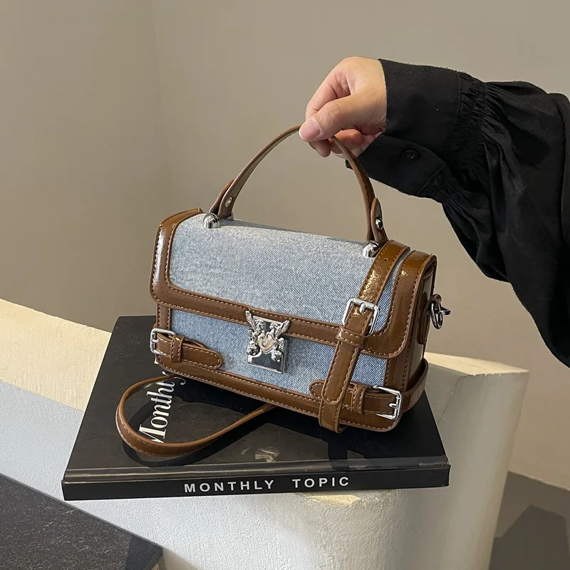 WBS 2024 Color Contrast Patchwork Portable Small Square Bag High Quality Fashion Box French Stylish Messenger Bag Denim Clutch