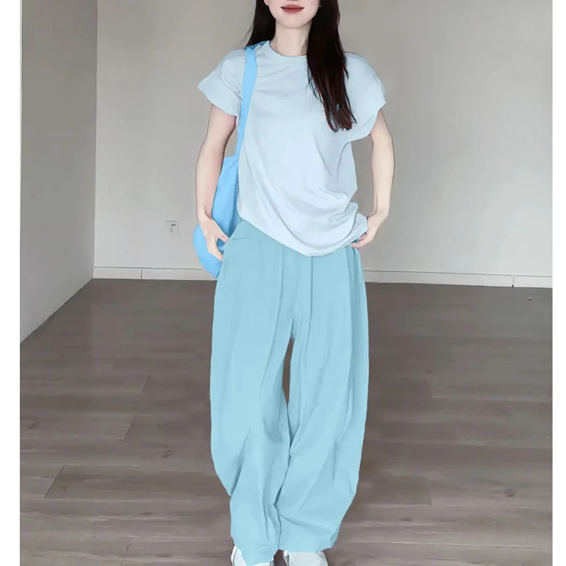 Summer New Women\'s Set Age Reducing Loose Sliming Lazy Style T-shirts and Elastic Waist Wide Leg Pants Two-piece Set for Women