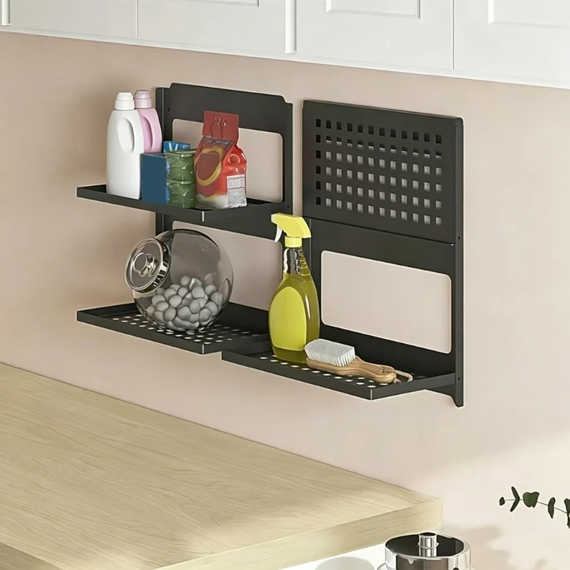 Carbon Steel Fold Down Wall Shelf with Double Storage Trays, Rimmed Shelves, and Flexible Room for Oversized Household M4YD