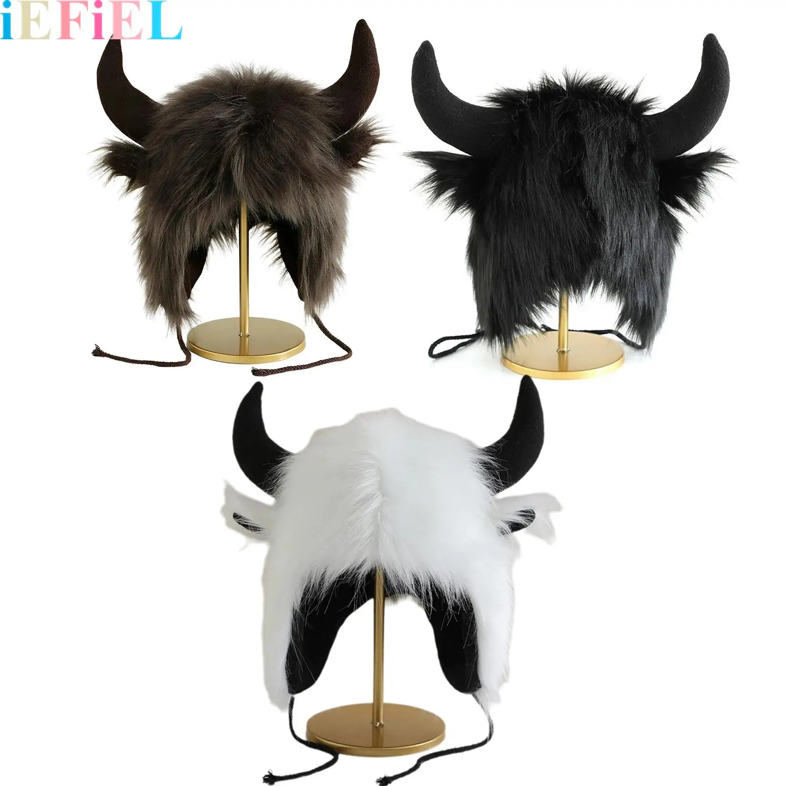 

1Pcs Funny Plush Buffalo Hat Faux Fur Hat for Women Men with Horns Earmuff Warm Hats Earflap Hat
