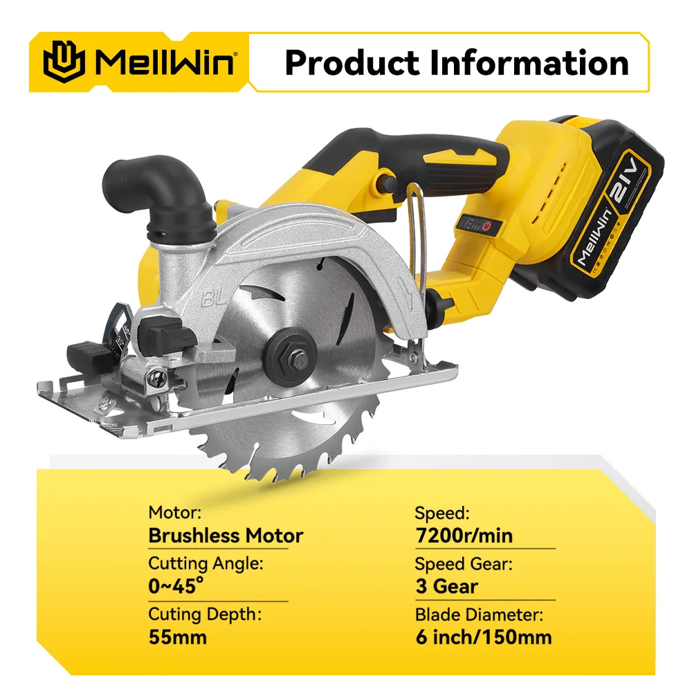 MELLWIN Electric Circular Saw 6 Inch 150mm Brushless Cordless Handheld Circular Saw Woodworking Tool for Makita 18V Battery Pin - Image 2