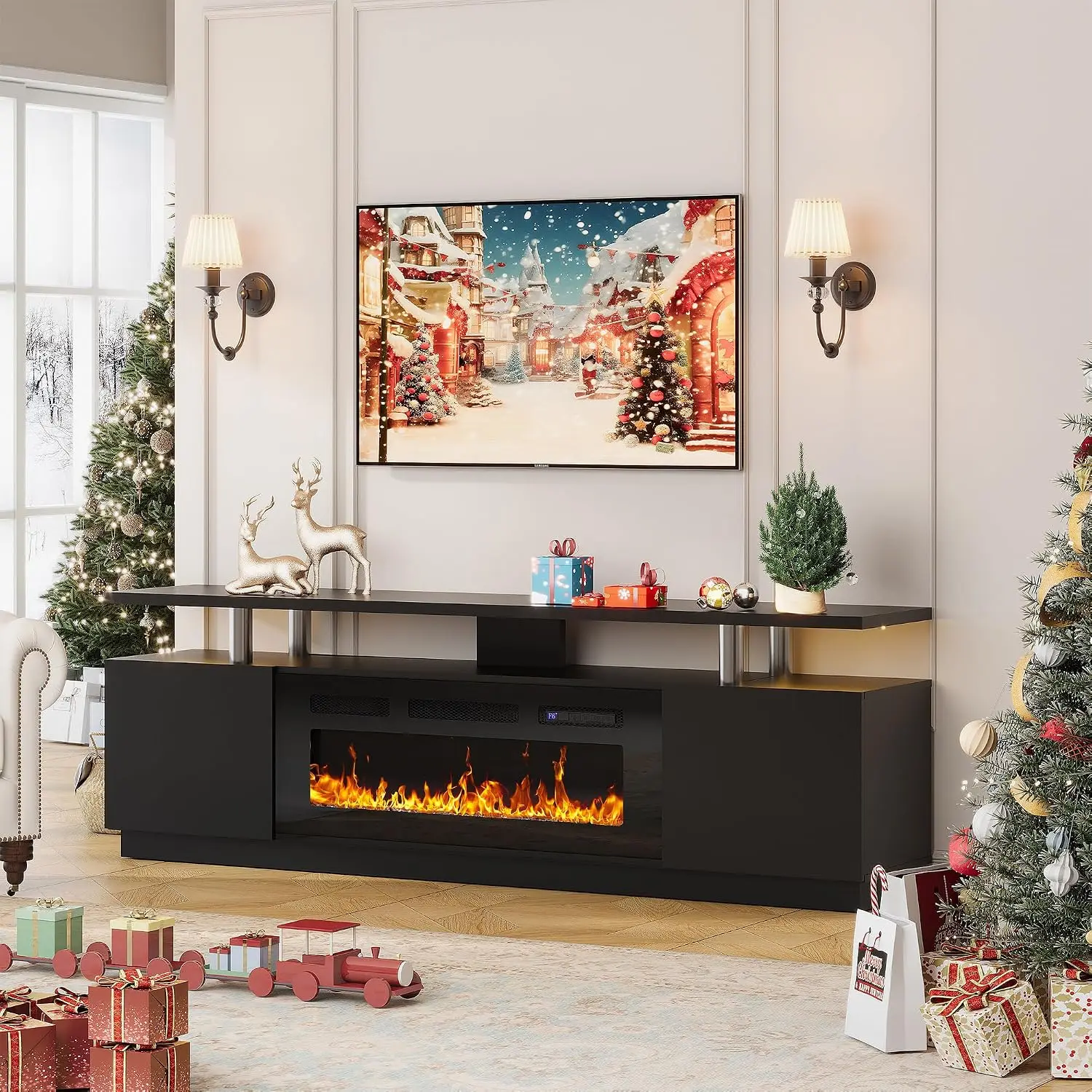 Tacleekii 70 Inch Fireplace TV Stand with 36 Inch Electric Fireplace, 12 Colors LED Lights Freestanding Modern TV Console with Storage Shelves (Black)
