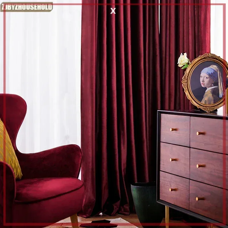 

Velvet Luxury Nordic Curtains for Living Dining Room Bedroom Fabric Burgundy Thick Curtain Tulle Customization High Shading