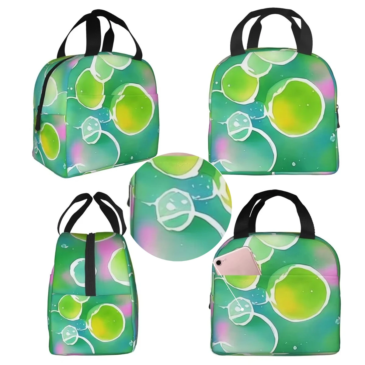 Green And Multicolor Bubble Print Insulated Lunch Bag for Women Office Cooler Thermal Food Box Tote Lunch Boxes Container