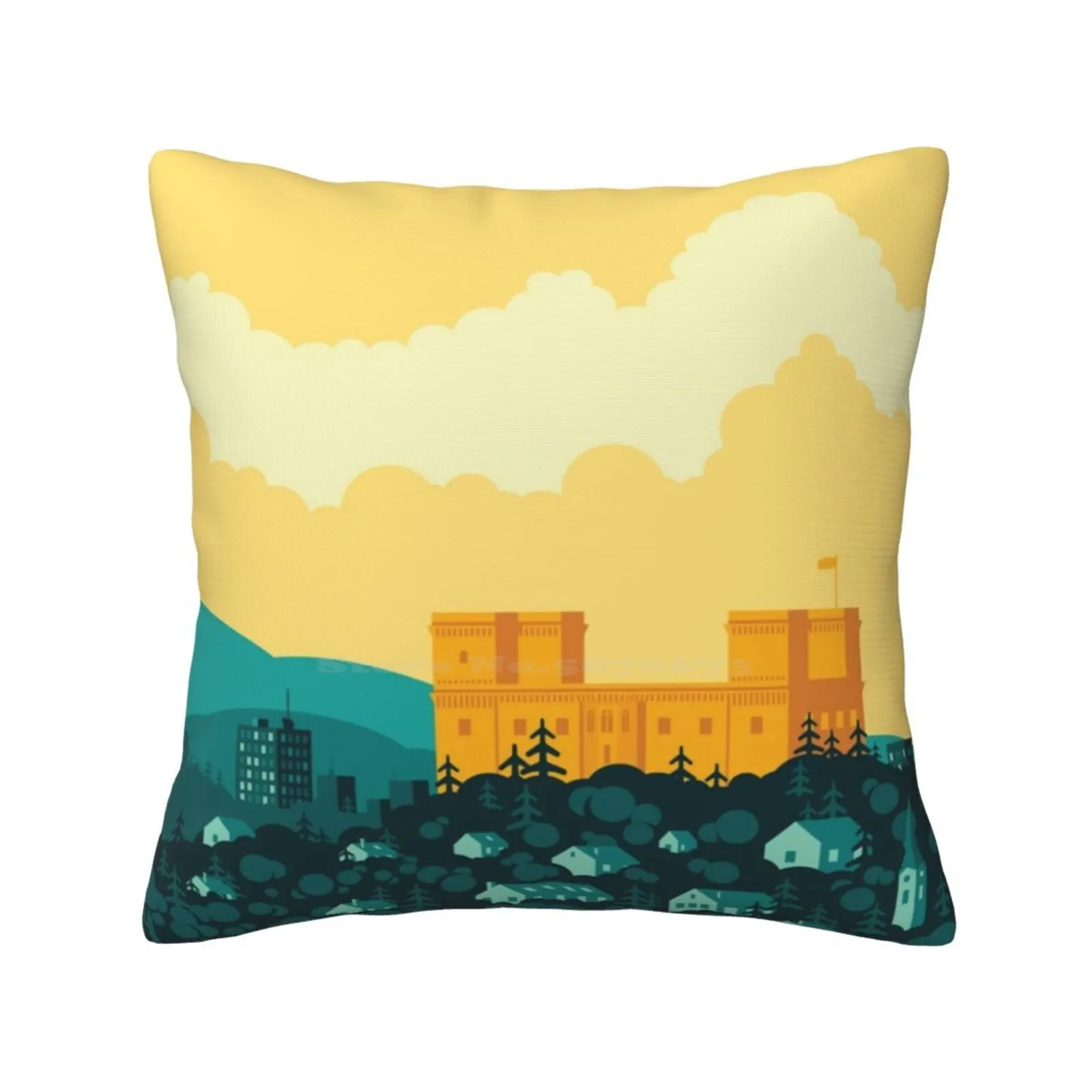 Golden Castle Home Sofa Car Waist Throw Pillowcase Castle Nature City Landscape Vector Sundown