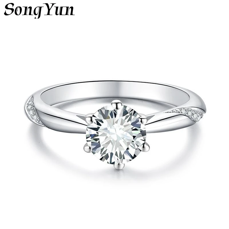 SONGYUN Moissanite Diamond Jewelry 1 Carat 6.5mm 6-Prong Moissanite Passes Diamond Tester S925 Silver Plated with 18K Gold