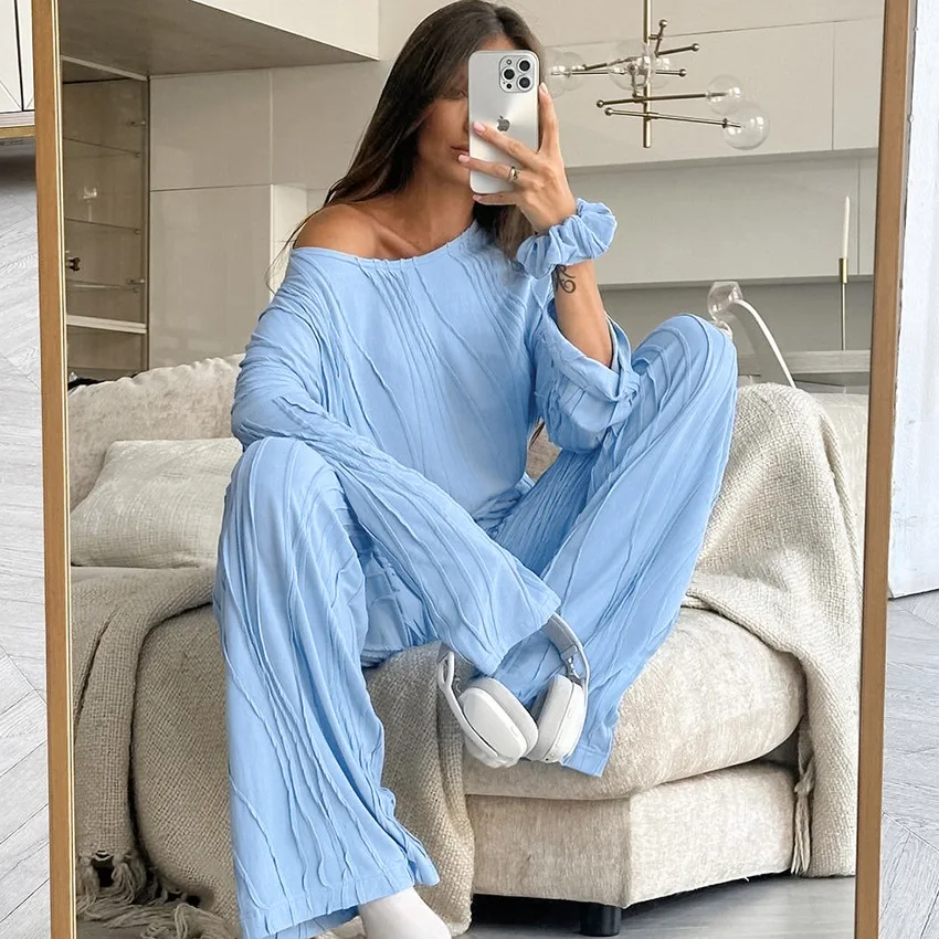 Damespyjamasets Nieuwe losse casual gestreepte gebreide pyjama Lange mouwen Lange broek Loungewear-kleding voor dames