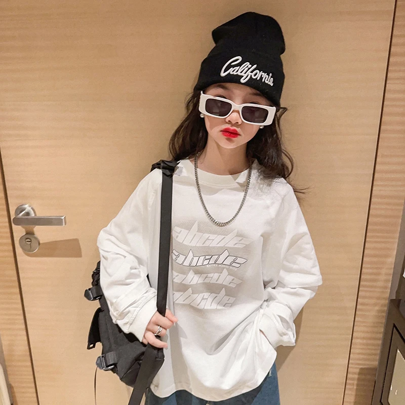 Cool teen Girls Tops Sweatshirt Letter Pattern Long Sleeve O-Neck Pullover Kids Casual Loose Hoodie Cotton Childrens Clothes
