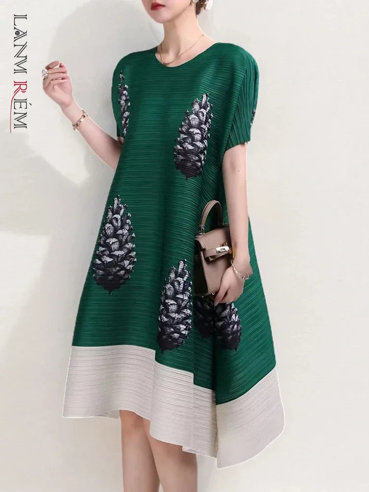

LANMREM Pleated Print Dress For Women O-neck Short Sleeves Contrast Color Mid Length Dresses 2024 Summer New Clothing 2Z1861