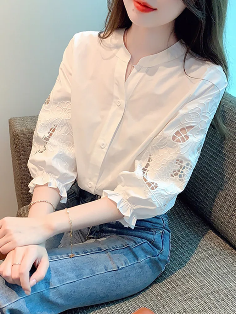 SMTHMA 2024 New Fashion Summer Embroidered Hollow Out Cotton Shirt For Women Sweet Design Stand Neck Top