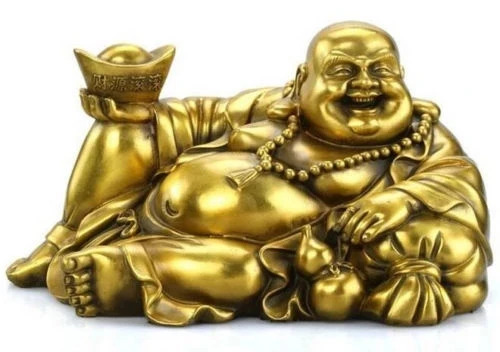 Collection Chinese Brass Carved Yuan Bao Wealth Gourd Purse Toad Happy Laugh Maitreya Buddha Statue Exquisite Small Statues