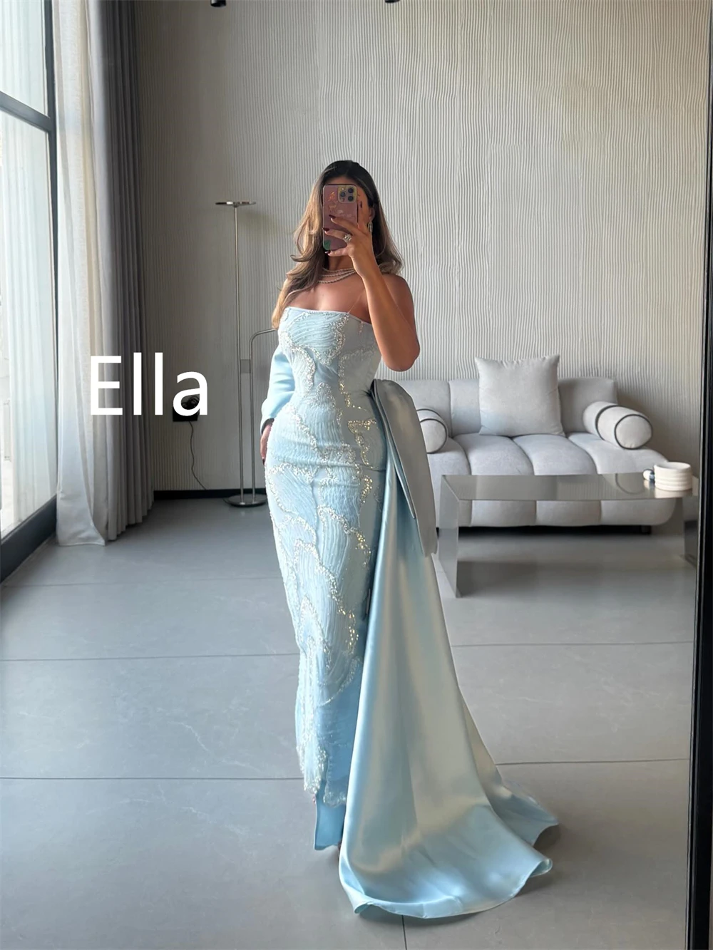 Customized Soft Blue Satin Evening Dress Temperament Strapless Prom Dress High Quality Court Train Bespoke Occasion Gowns
